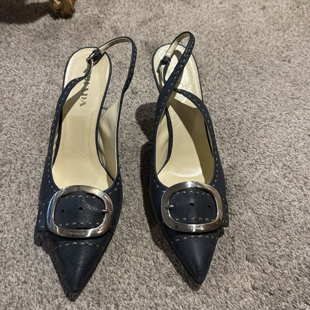 Prada Black Slingback Pointed Toe Heels with Silver Buckle - Picture 6 of 13